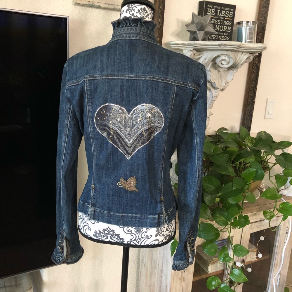 INC International Concepts Blue Jean Jacket with Silver Heart Design